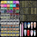 Artdone Nail Art Glitter Studs Kit, 6 Boxes Multicolor and Design 3D Charms with 15 Sheets Gold Nail Stickers, Diamond Cute Nail Jewels for DIY Decoration with Pickup Tools