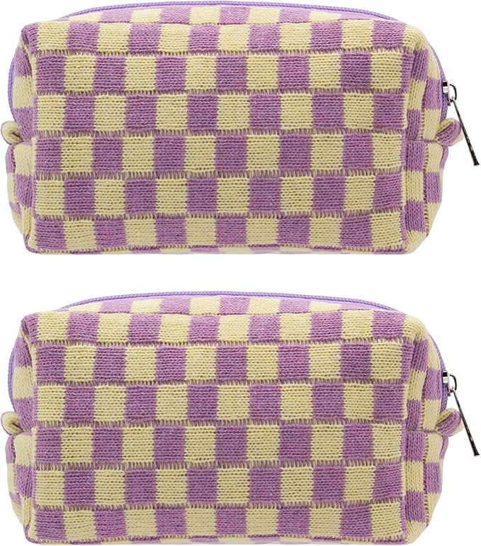 Checkered Makeup Bag for Purse, Small Travel Cosmetic Pouch,Purple,2 Pack