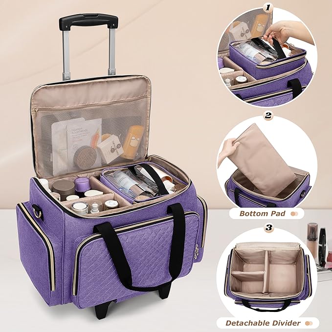LUXJA Rolling Makeup Case with 3 Removable Makeup Bags and 1 Brush Holder