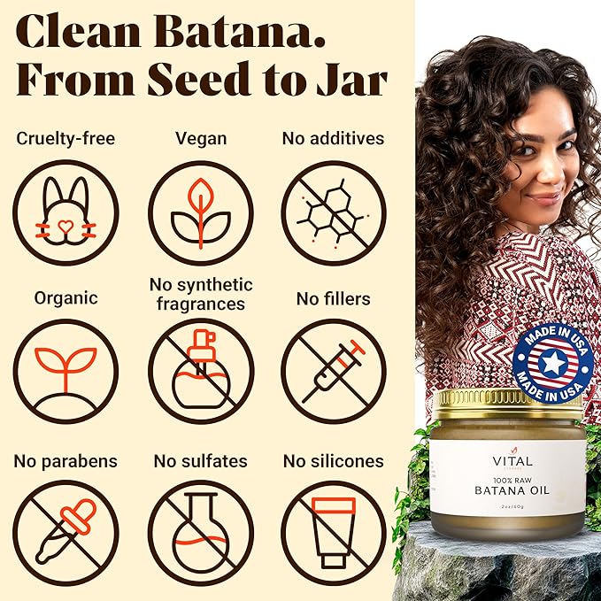 Vital Strands 100% Organic Raw Batana Oil for Hair Growth – Strengthens Hair, Reduces Breakage, Enhances Shine – Pure, Non-Greasy – No Silicones, Sulfates, or Parabens – All Hair Types – 2oz Glass Jar