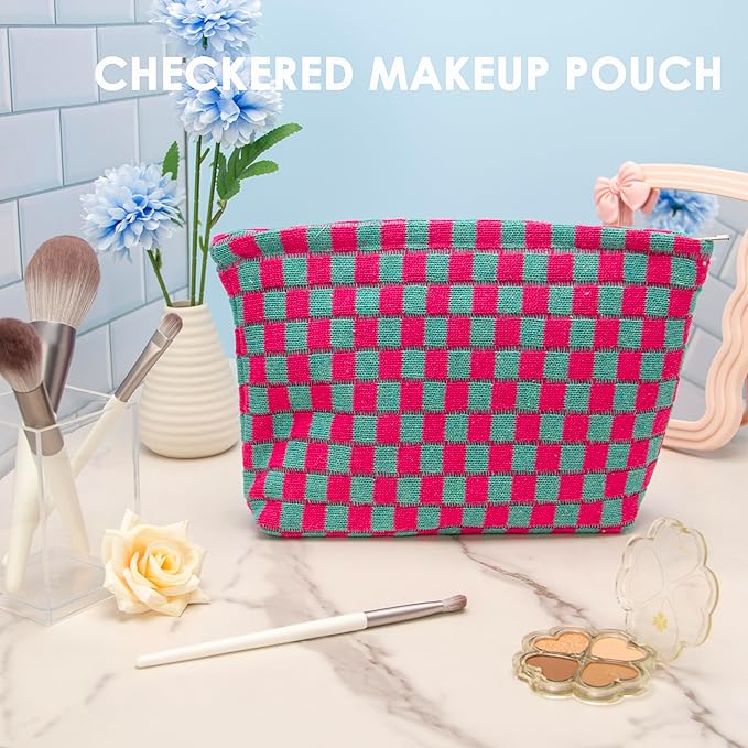Checkered Makeup Bag for Purse, Small Flat Cosmetic Pouch,Magenta Green