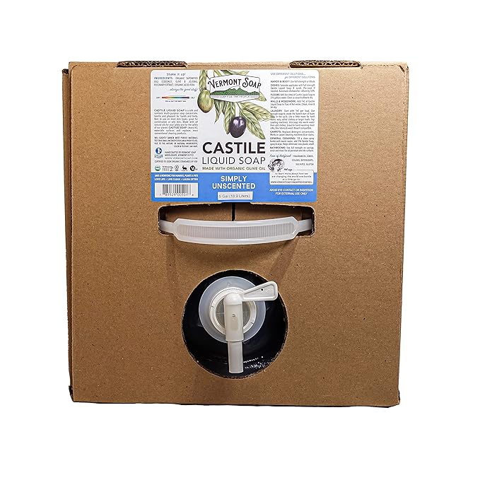 VERMONT SOAP Castile Soap Unscented, Organic Liquid Body Wash, 5 Gallon