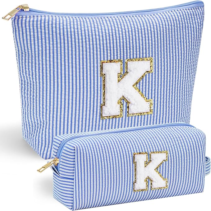 YOOLIFE Birthday Gifts for Teen Girls Kids Women Initial Makeup Bag | Travel Makeup Bag Toiletry Bags | Gift for 3 4 5 6 7 8 9 10 11 12 13 Year Old Girl Letter Year Old Birthday Gifts Blue K