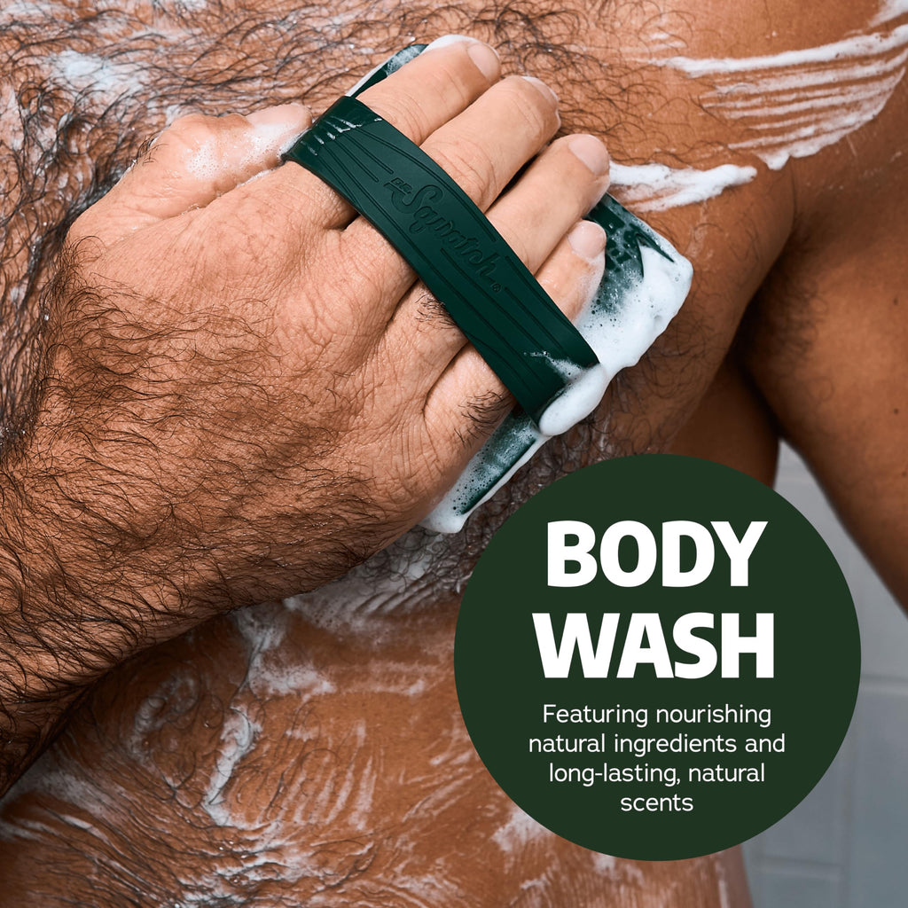 Dr. Squatch NEW Body Wash for Men with Nourishing, Natural Ingredients | No Paraben, Phthalate, Sulfate | Pine Tar (14 oz), Coconut Castaway & Wood Barrel Bourbon (8 oz, 2-Pack) & Body Scrubber