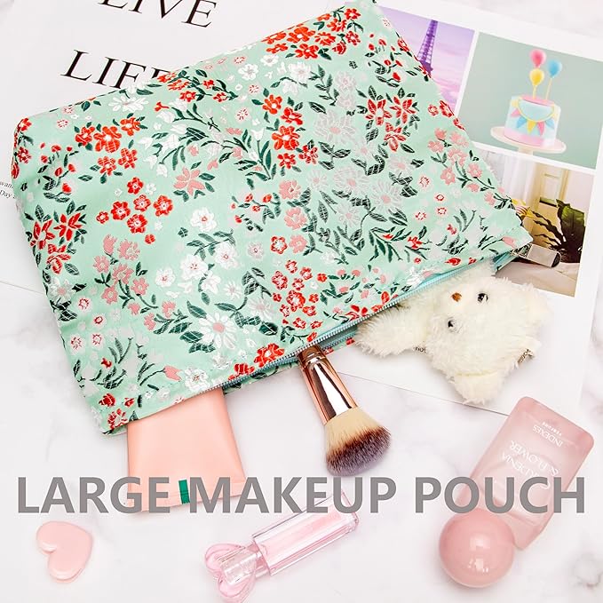 Flat Makeup Bag for Women,Zipper Cosmetic Pouch for Purse,Brocade Green