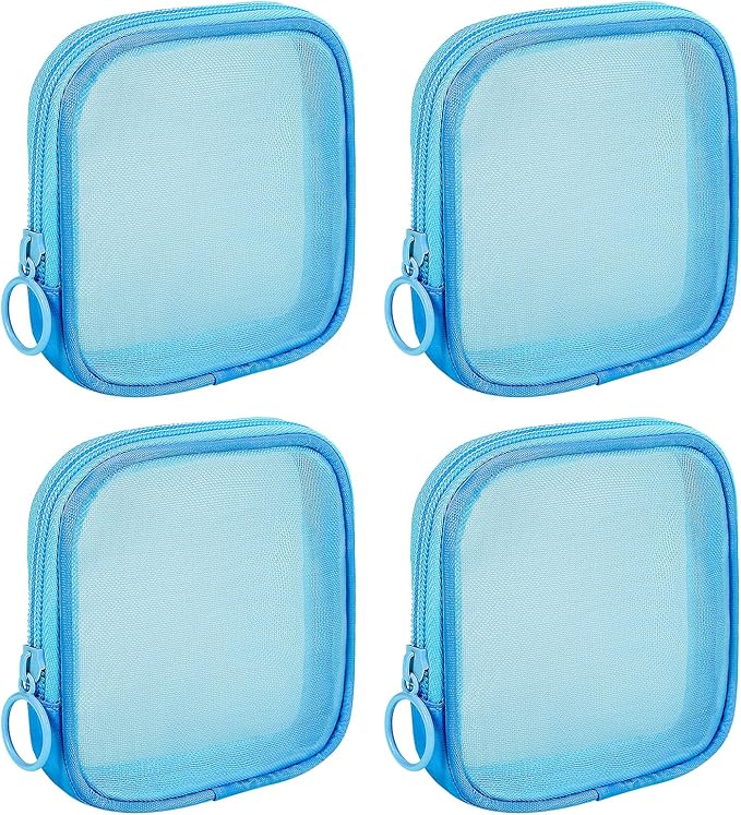 Sinzip 4 Pieces Mini Zipper Nylon Mesh Pouch, Mesh Cosmetic Bags Makeup Bags, Multipurpose Travel Toiletry Bags for Office Supplies and Travel Accessories (Blue, S)
