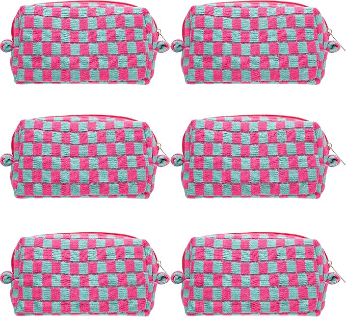 Checkered Makeup Bag for Purse, Small Cosmetic Pouch,Magenta Green,6 Pack
