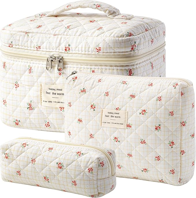 HBselect Quilted Makeup Bag, 3Pcs Cotton Large Travel Makeup Bags Organizer