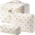 HBselect Quilted Makeup Bag, 3Pcs Cotton Large Travel Makeup Bags Organizer