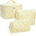 3 Piece Quilted Makeup Bag Set for Women,Cosmetic&Toiletry,Floral Yellow