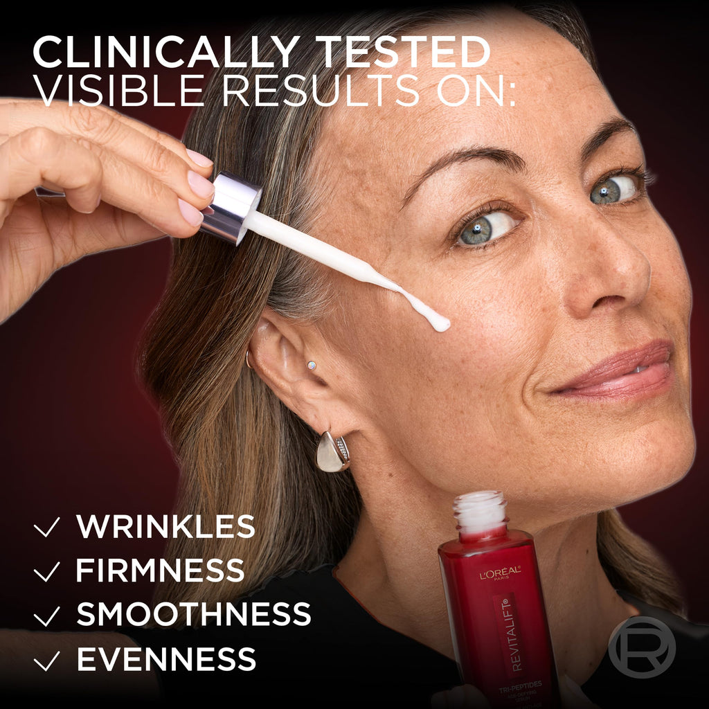 L'Oreal Paris Revitalift Triple Power Face Serum with Tri-Peptides, Hyaluronic Acid and Vitamin C, Anti Aging, Anti Wrinkle Serum to Firm and Brighten, 1 FL oz, + Sample