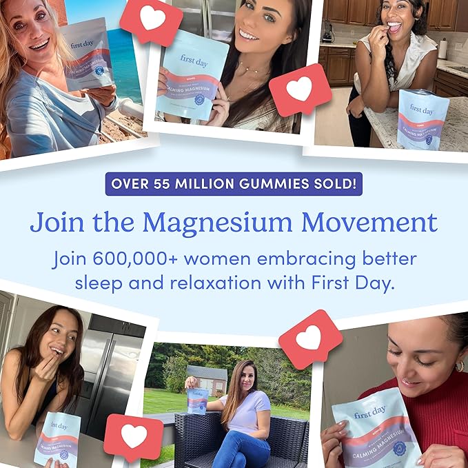 FIRST DAY Magnesium Gummies for Women, L-Theanine, Melatonin-Free, 60ct