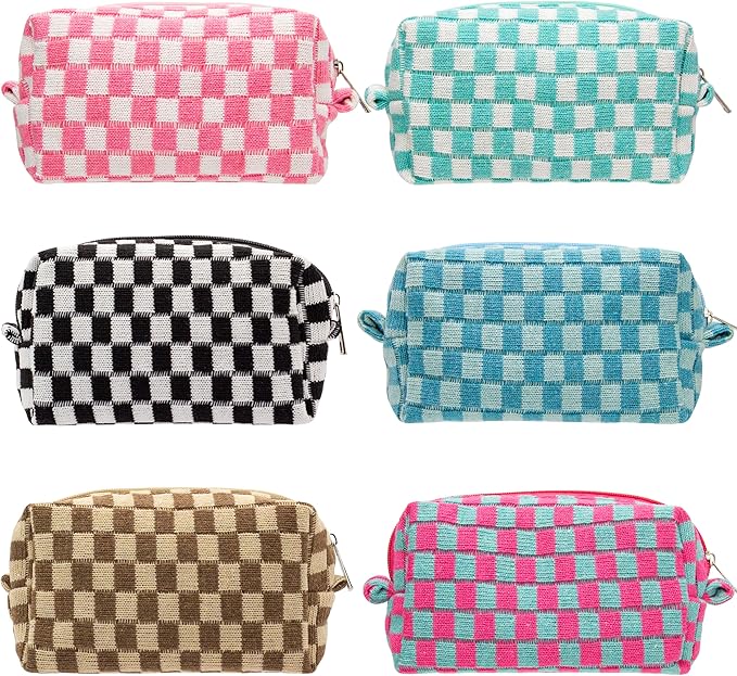 Checkered Makeup Bag for Purse, Small Cosmetic Pouch,Mix Color,6 Pack