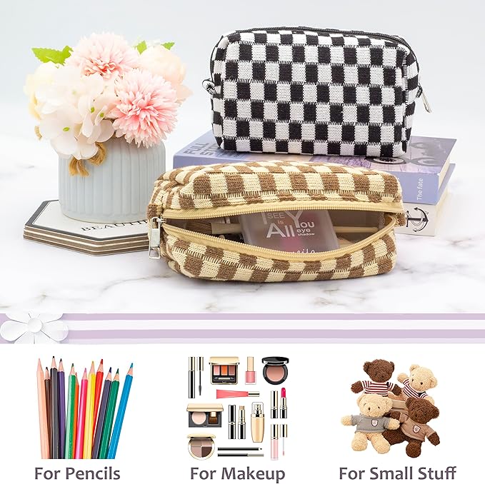 Checkered Makeup Bag for Purse, Small Travel Cosmetic Pouch,Coffee,2 Pack
