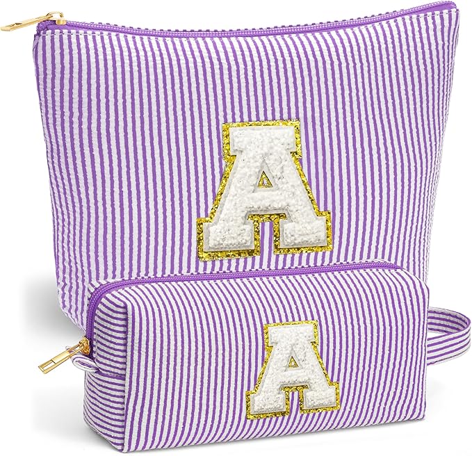 Fohufo Travel Makeup Bag Set - Travel Essentials, Initial Make up Cosmetic Bag Makeup Pouch Travel Toiletry Bag | Cute Purple Stuff Birthday Gifts for Women Mom Daughter, Purple Letter A