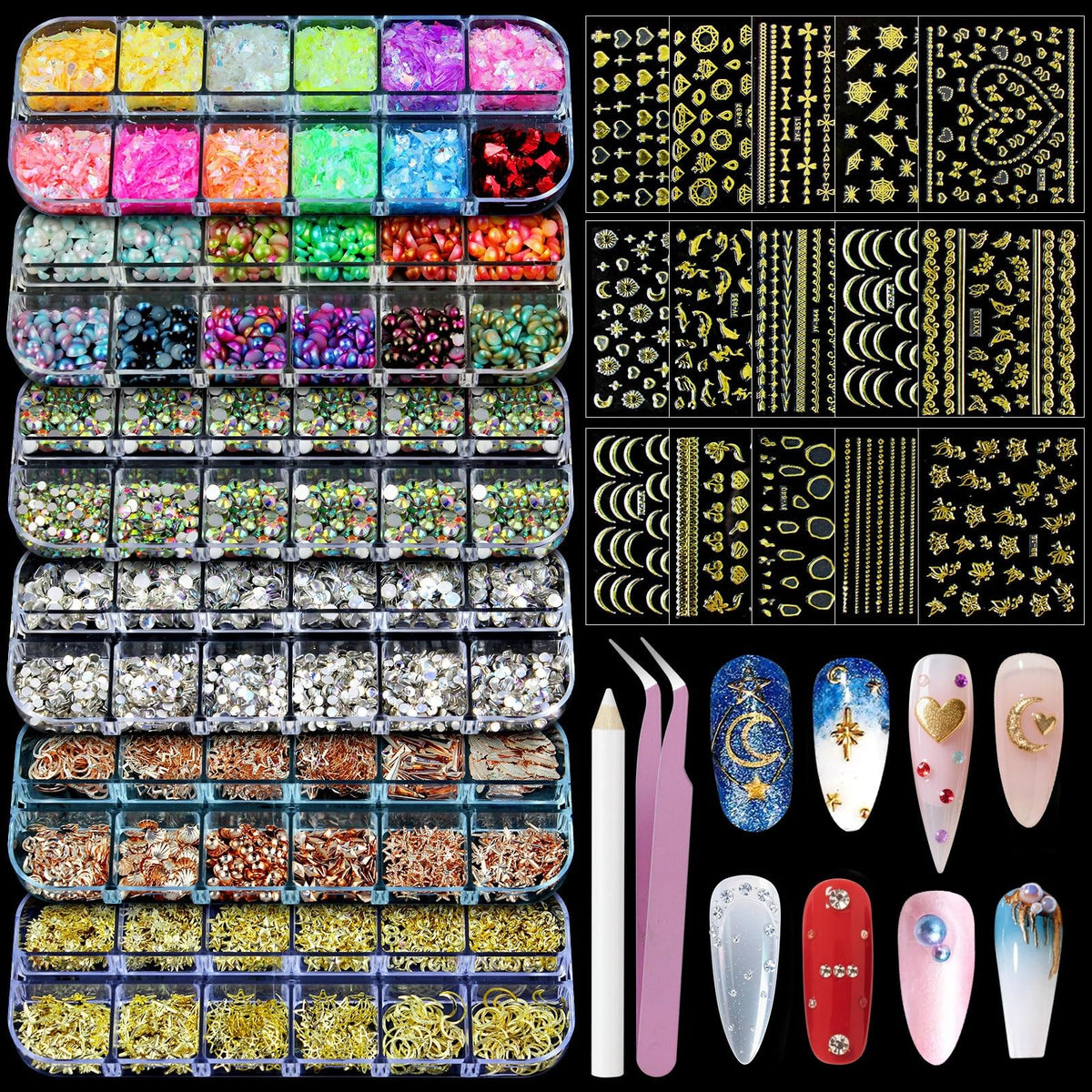 Artdone Nail Art Studs Glitter Kit, 12 grids 8 Colors 3D Charms and Pink Mix White Star Heart Moon Cute Nail Jewels for DIY Decoration