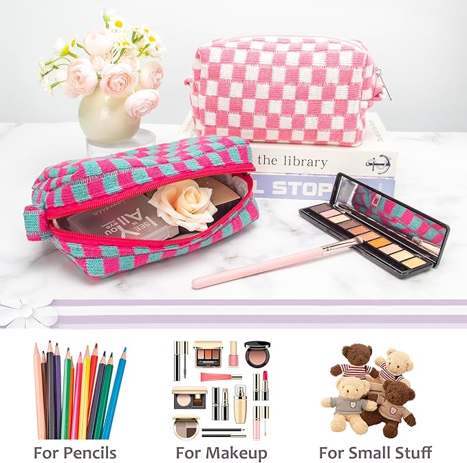 Checkered Makeup Bag for Purse, Small Cosmetic Pouch,Magenta Green,6 Pack