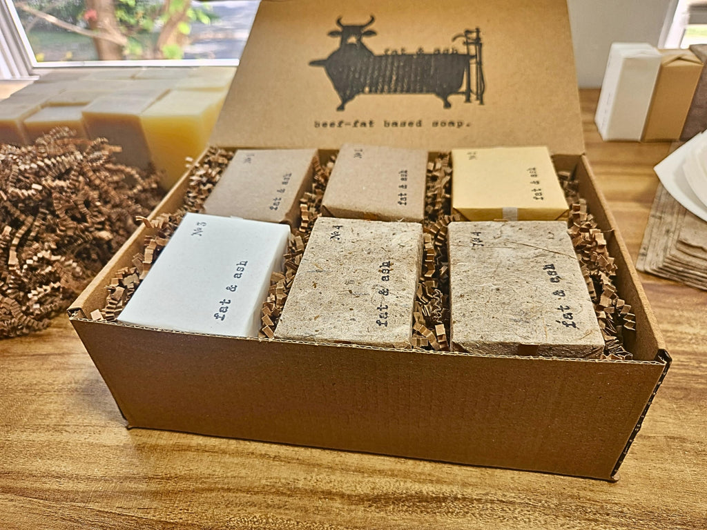 fat & ash Beef Tallow Soap Bar (12 Pack) - VERY SIMPLE INGREDIENTS - Organic and Moisturizing - Handmade in USA - Family Recipe - Long-Lasting, All-Natural, For Dry Skin