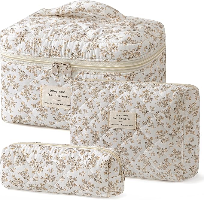HBselect Quilted Makeup Bag, 3Pcs Cotton Large Travel Makeup Bags Organizer