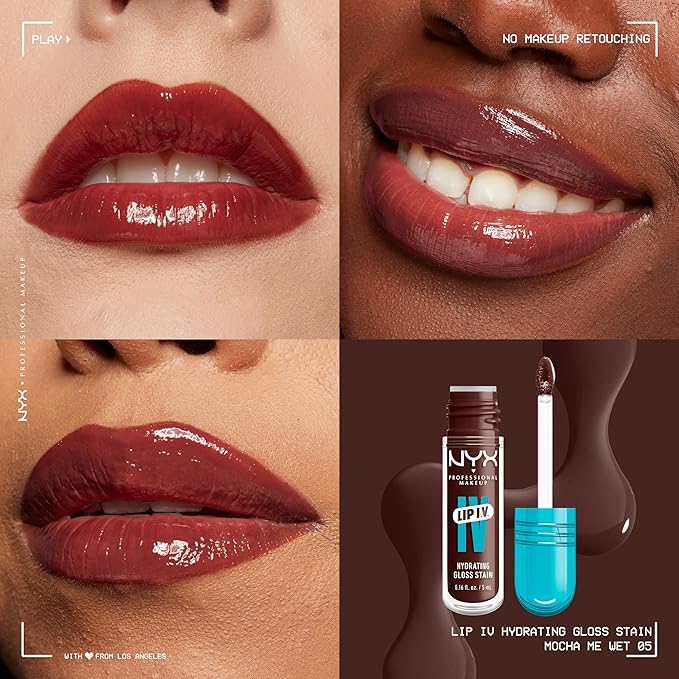 NYX PROFESSIONAL MAKEUP Lip IV Hydrating Glossy Lip Stain, Long-Lasting, Tinted, Vegan Formula with 12 HR Hydration - Mocha Me Wet (Brown)