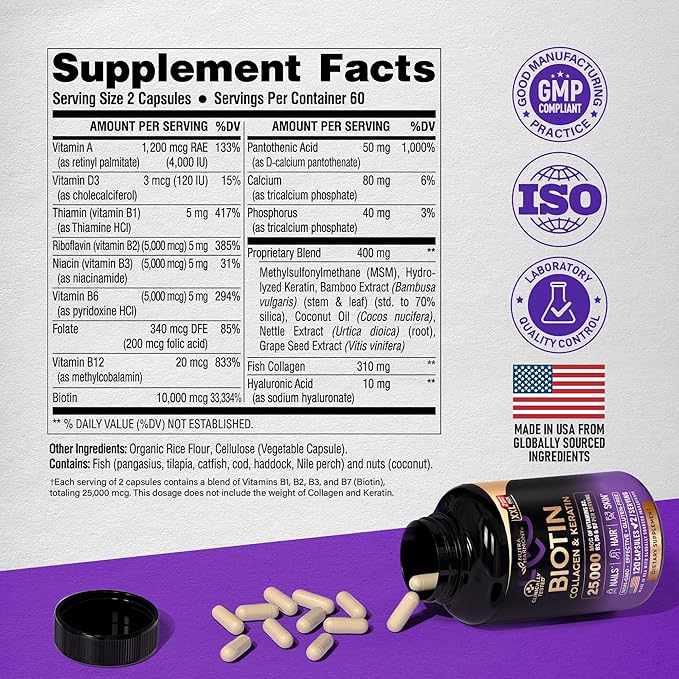 Biotin, Collagen, Hyaluronic Acid & Keratin - Hair Growth Support, 120 Caps