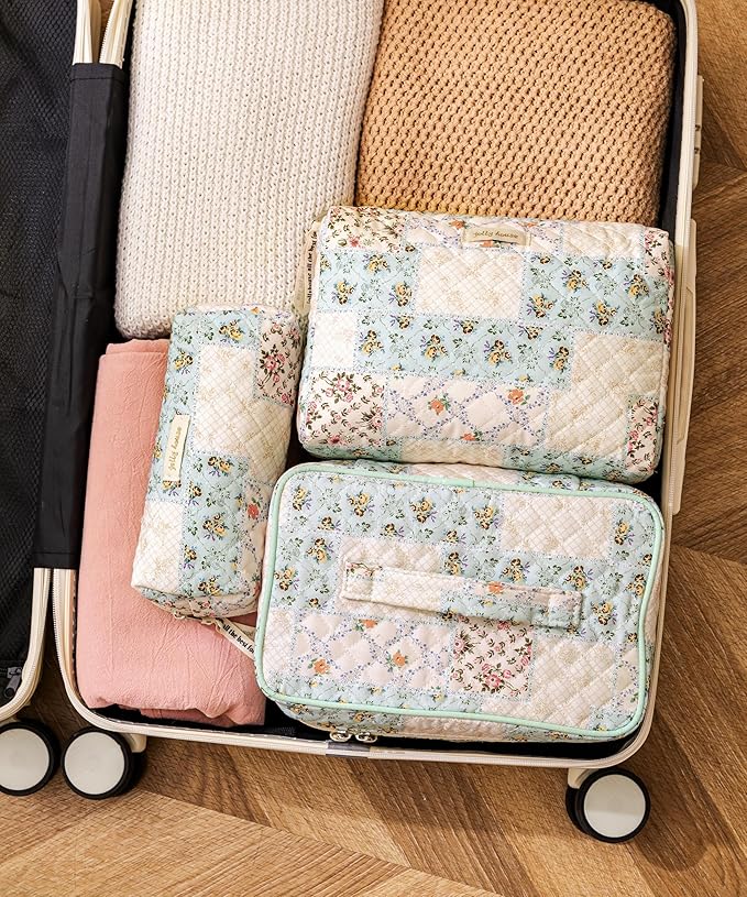 HBselect Quilted Makeup Bag, 3Pcs Cotton Large Travel Makeup Bags Organizer