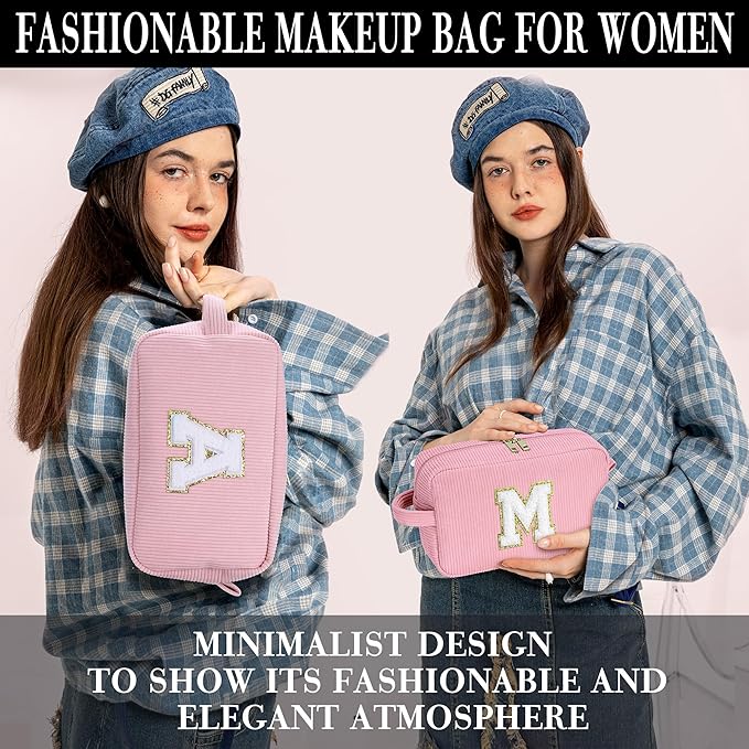 YOOLIFE Cute Initial Travel Makeup Bag - Teen Girl Gifts Trendy Stuff Sister Daughter Friend Girls Birthday Gifts for Teens Bridesmaid Gifts for Girl Women Monogram Makeup Bag Make Up Bag Pink C