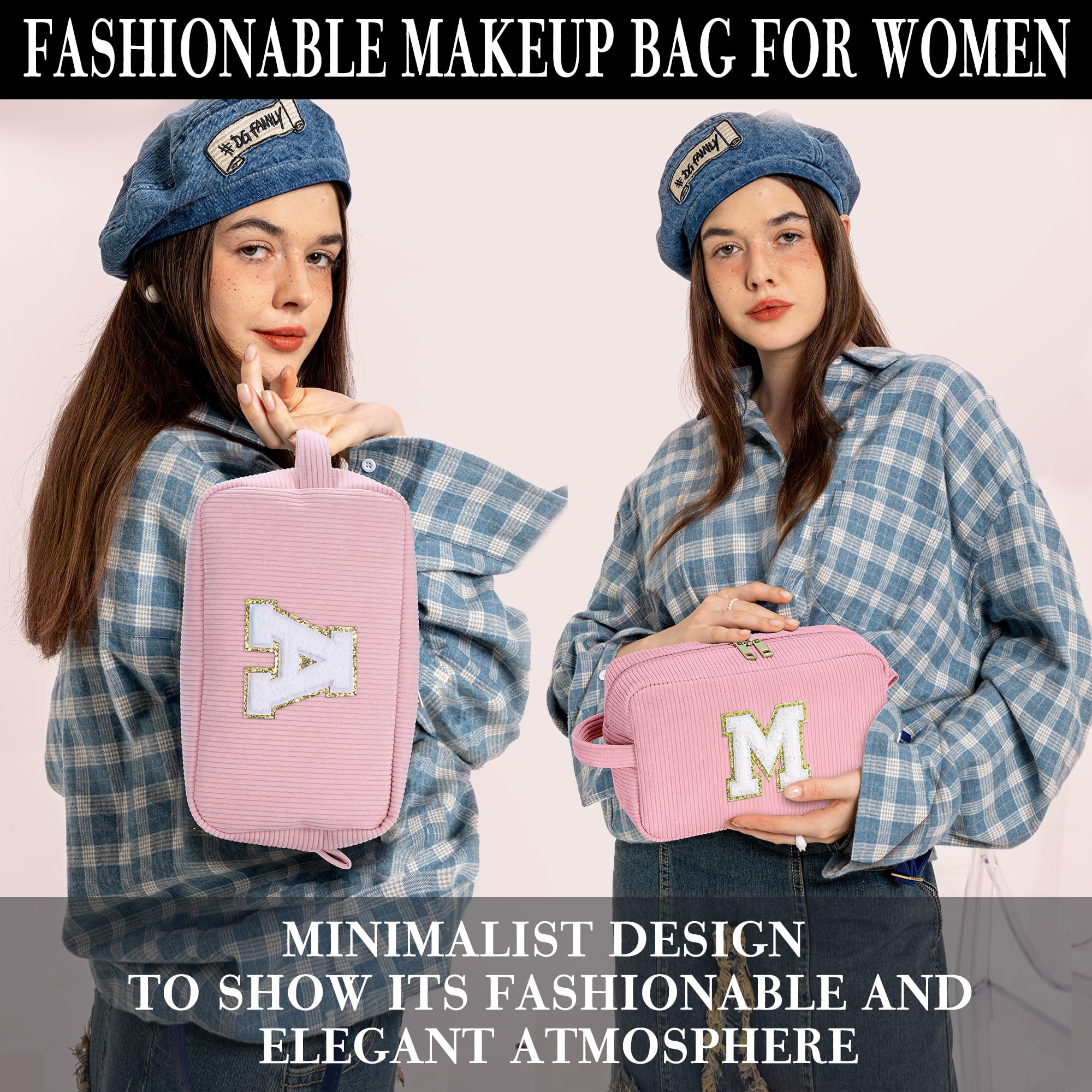 YOOLIFE Pink Makeup Bag, Gifts for Teen Girls, Birthday Gifts for Girls Cute Gifts Preppy Stuff Daughter Girls Sister Gifts for Teen Girls Women Cute Monogram Makeup Bag Cosmetic Bag Pink Letter D