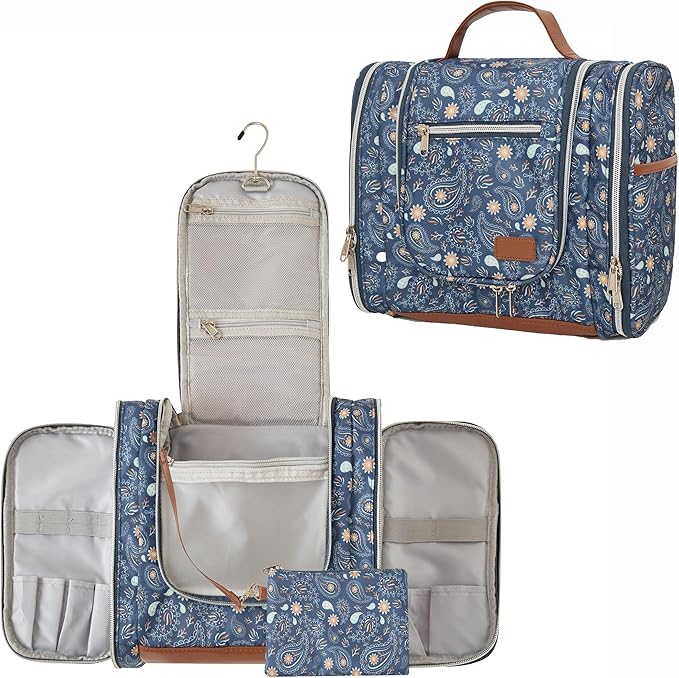 Perlvin Alinne Hanging Toiletry Bag for Women, Travel Makeup with Metal Swivel Hook, Organizer for Full Sized Cosmetics and Toiletries,Water-Resistant Nylon,Paisley Floral