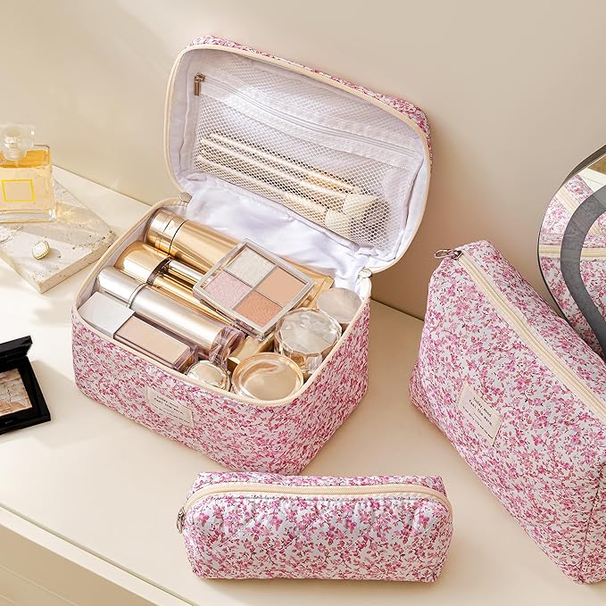 HBselect Quilted Makeup Bag, 3Pcs Cotton Large Travel Makeup Bags Organizer