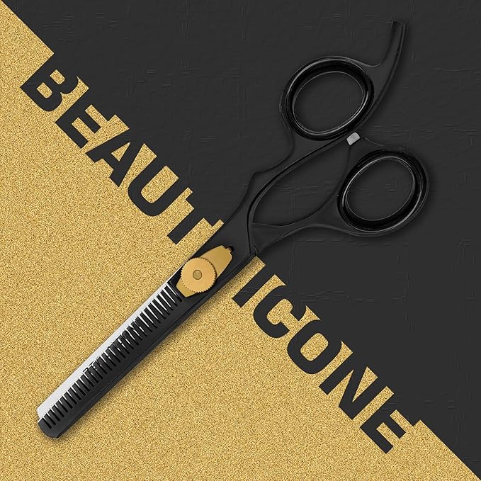 BEAUTICONE Professional Hair Thinning Scissors – Barber Texturizing Shears with Stainless Steel Teeth Blade, Leather Pouch Included, Salon Thinning Shears for Men & Women, Black