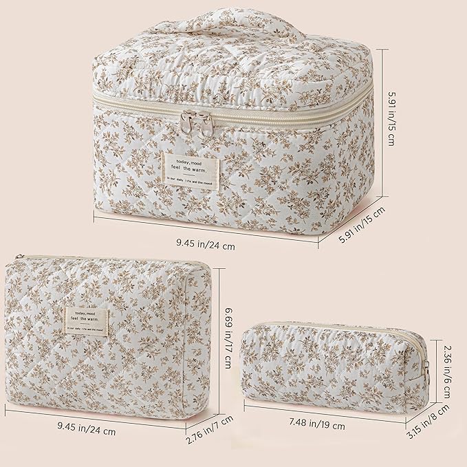 HBselect Quilted Makeup Bag, 3Pcs Cotton Large Travel Makeup Bags Organizer