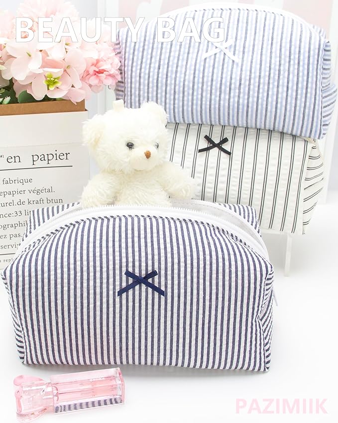 PAZIMIIK Cozy Makeup Bag for Women,Zipper Cosmetic Pouch,Stripe Navy Blue