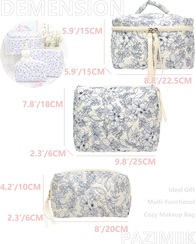 PAZIMIIK Quilted Makeup Bag for Women(Blue,3 Piece Set)