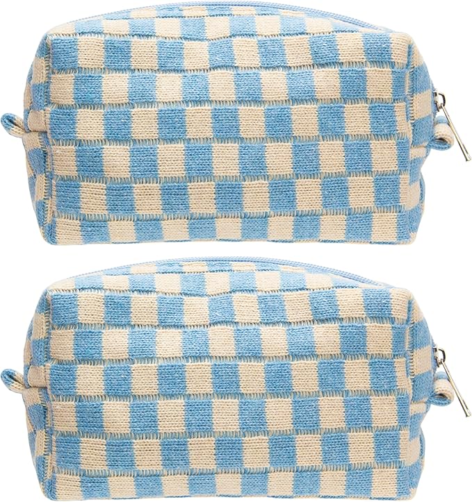 Checkered Makeup Bag for Purse, Small Cosmetic Pouch,Blue Beige,2 Pack