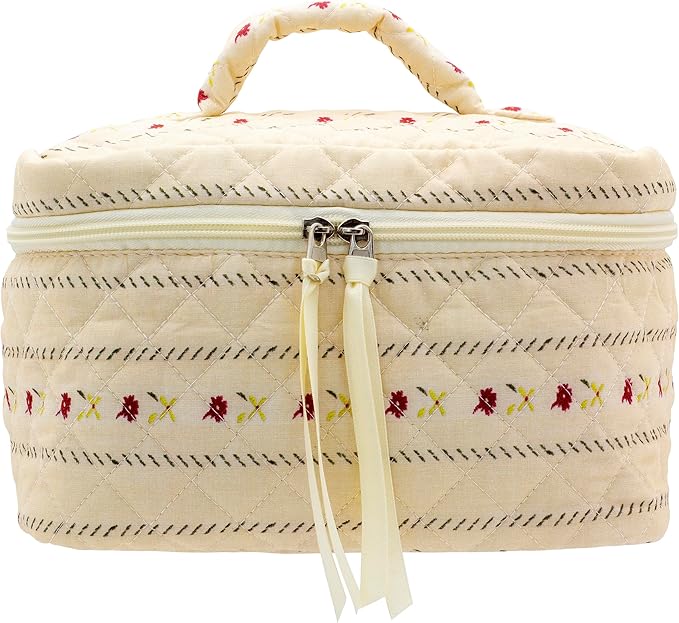 Quilted Makeup Bag for Women, Travel Cosmetic&Toiletry Bag,Flower Beige