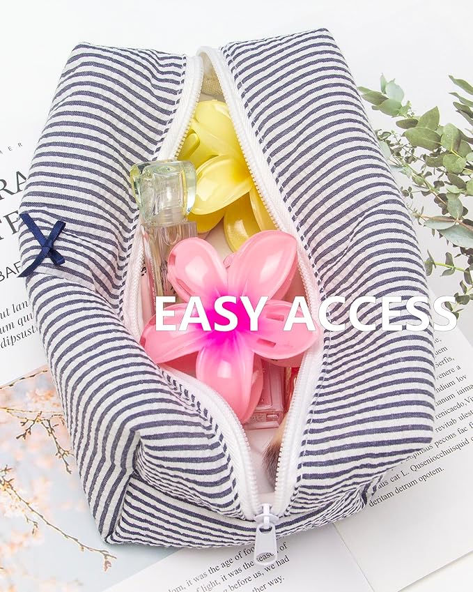 Cozy Makeup Bag for Women,Zipper Cosmetic Pouch,Stripe Navy Blue,6 Pack