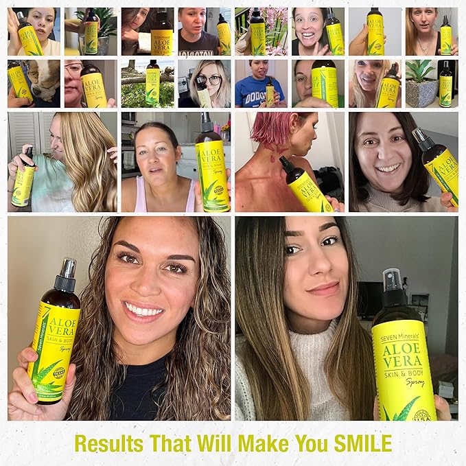 Seven Minerals, Aloe Vera Spray for Body & Hair - From Freshly Cut Organic Aloe (99%), Extra Strong, Easy to Apply, No Thickeners So It Absorbs Rapidly, No Sticky Residue - Made in USA (12 fl oz)