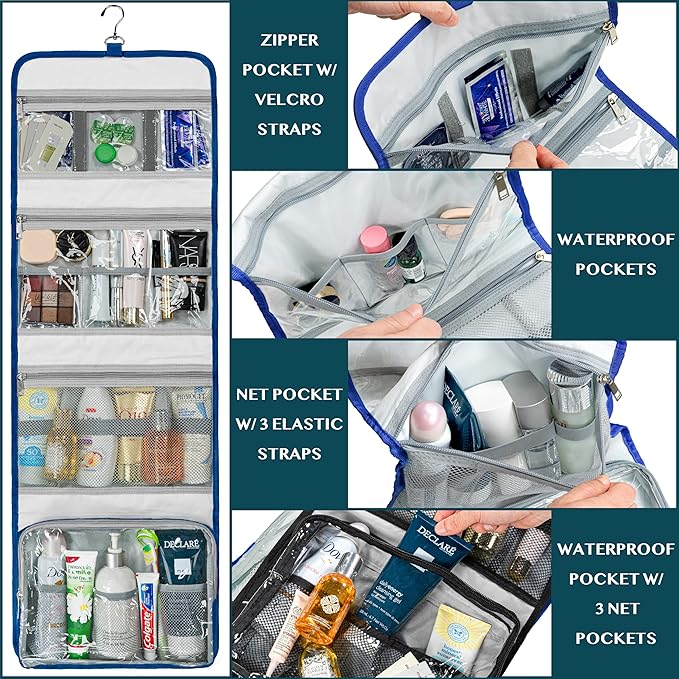 PAVILIA Travel Hanging Toiletry Bag for Women Men, Large Capacity Makeup Bag Kit, Waterproof Cosmetic Storage Organizer Case for Bathroom Shower, Royal Blue