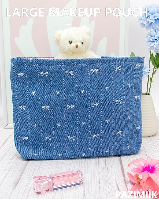 Flat Makeup Bag for Women,Zipper Cosmetic Pouch for Purse,Jean Blue