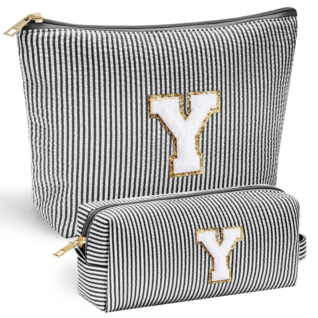 YOOLIFE Travel Makeup Bag Cosmetic Bag - Make Up Bag with Makeup Brush Bag Monogram Makeup Pouch Bag 2 Pieces Cute Makeup Bag Personalized Gifts Best Friend Birthday Gifts for Women Black Letter Y