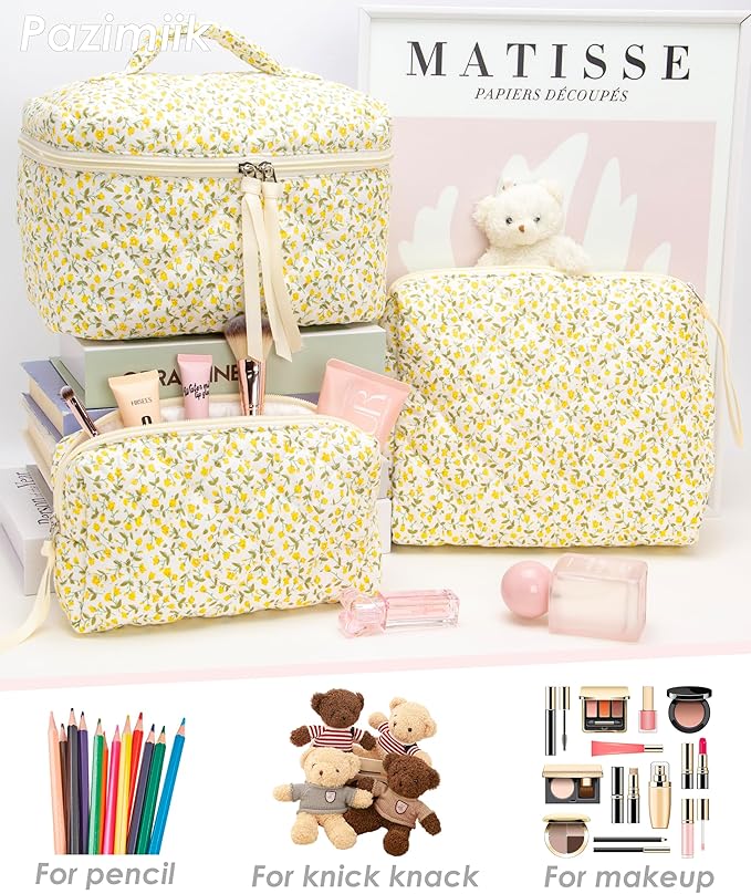 3 Piece Quilted Makeup Bag Set for Women,Cosmetic&Toiletry,Floral Yellow