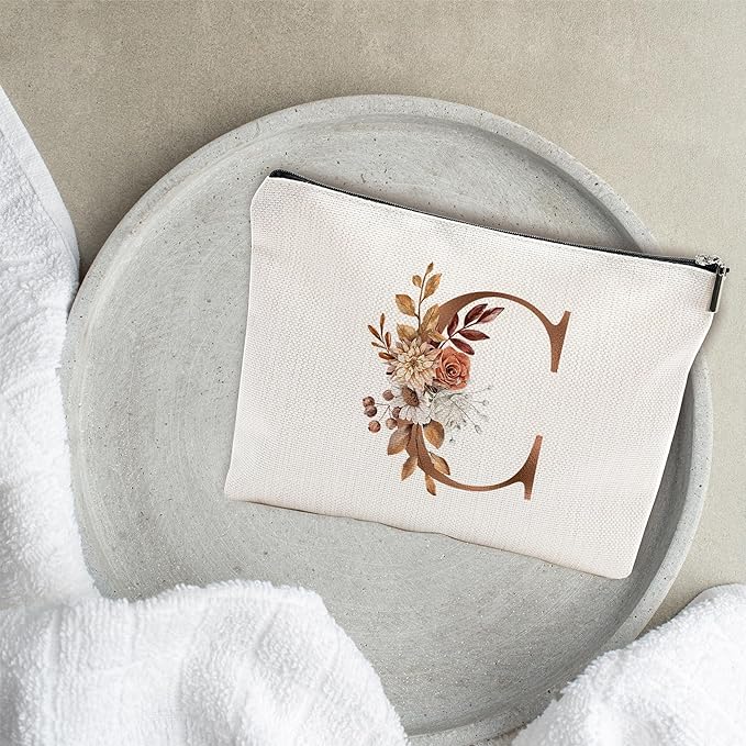 YKYENR A-Z Boho Personalized Cosmetic Bag-Floral Cotton Letter Makeup Bag With Zipper-Artistic Cosmetic Bag For Travel-Bride,Birthday Gift For Women Daughter Friends-Women Makeup Organizer-A03