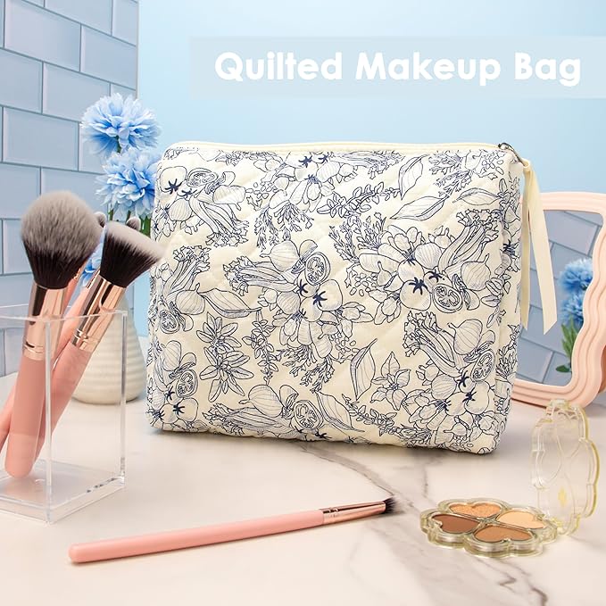 PAZIMIIK Quilted Makeup Bag for Women(Blue,1 Piece Pouch)