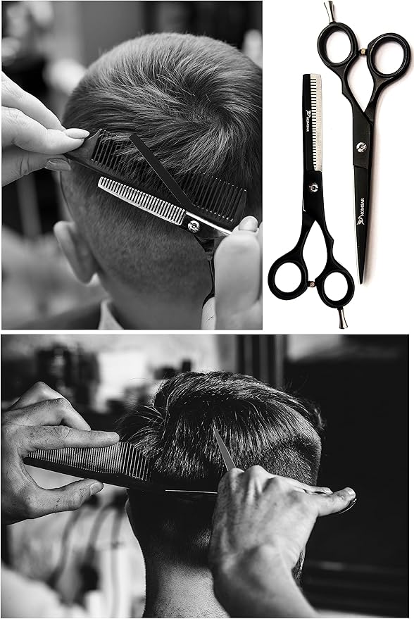 NOMSAR Professional Hair Cutting Scissors Kit, Sharp Fine Blades, Premium Stainless Steel Hairdressing Shears, Haircut Beard Trimming Grooming Set for Barber Salon Home Men Women Pets (Black-Silver)