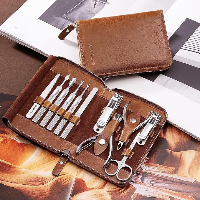 FAMILIFE Manicure Set, 11 in 1 Professional Manicure Kit Nail Clippers Set, Stainless Steel Pedicure Tools Toe Nail Kit, Men Grooming Tool with Portable Brown Leather Travel Case Gifts for Men Women