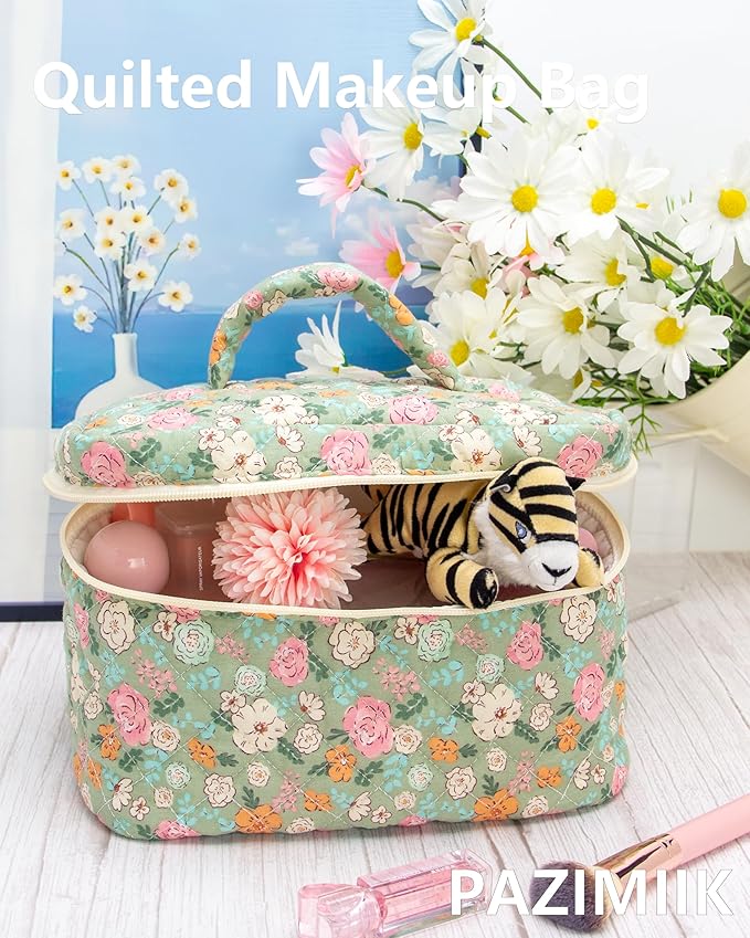 Quilted Makeup Bag for Women, Travel Cosmetic&Toiletry Bag,Green Flower
