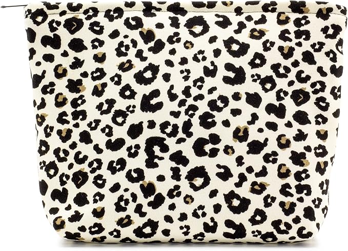 Flat Makeup Bag for Women,Zipper Cosmetic Pouch for Purse,Leopard Ivory