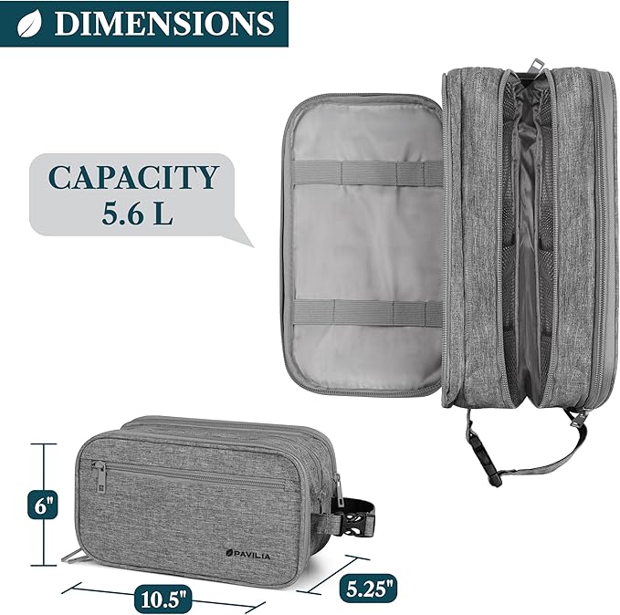 PAVILIA Toiletry Bag for Men, Travel Toiletries Bag | Water-resistant Dopp Kit, Shaving Pouch Organizer for Accessories, Cosmetic, Hygiene, Grooming Essentials (Heather Grey)