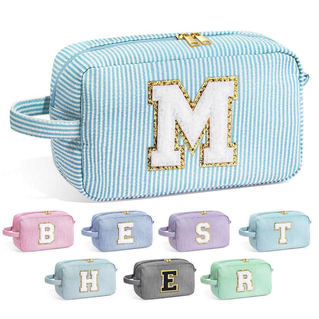 YOOLIFE Gifts for Women Teen Girls Kids - Initial Makeup Bag Cosmetic Bag Toiletry Pouch, Personalized Birthday Gifts for Women Girls Mom Daughter Sister Friends, Light Blue M